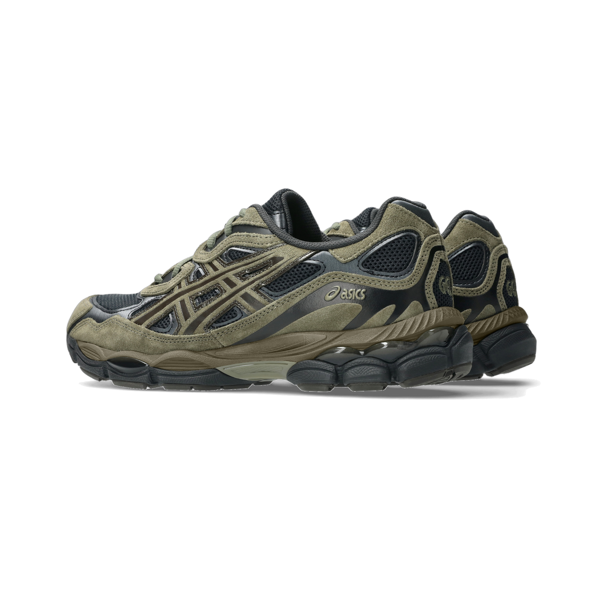 Side view of a pair of Asics Gel-NYC sneakers in olive green and black with suede overlays and a chunky black outsole, angled toward the left.