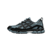 Side view of an Asics Gel-NYC sneaker in light blue-grey and black with layered mesh panels and a chunky midsole, toe pointing left.