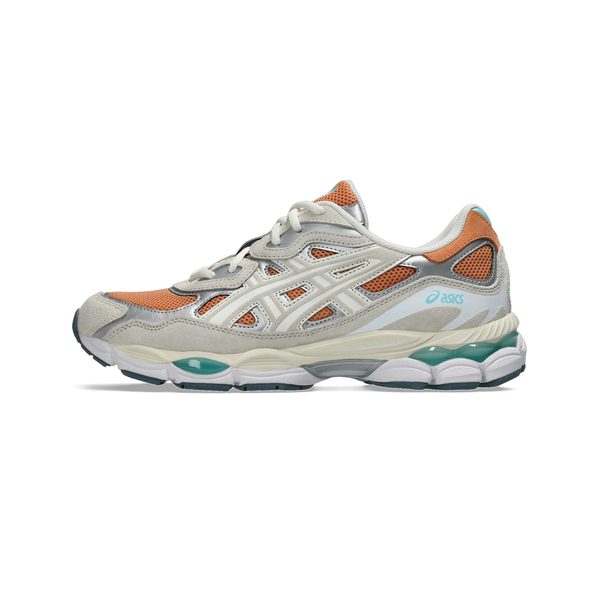 Lateral view of an Asics Gel-NYC sneaker with orange mesh, cream and silver overlays, white laces, and a visible teal gel cushioning unit in the sole.