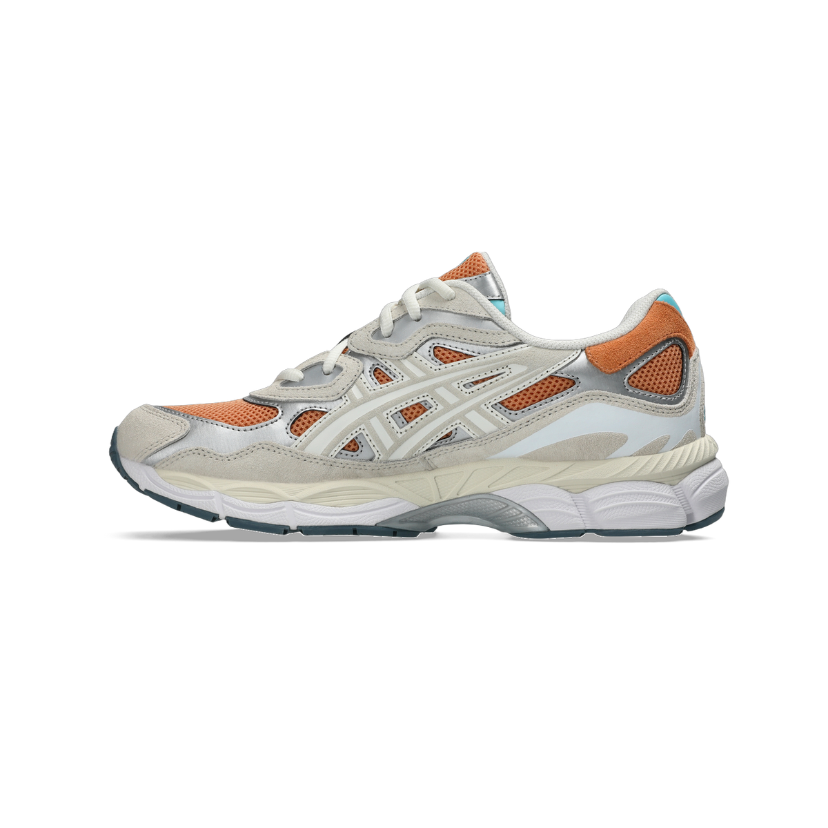 Side view of an Asics Gel-NYC sneaker in orange, cream, and silver with a chunky white and teal sole.