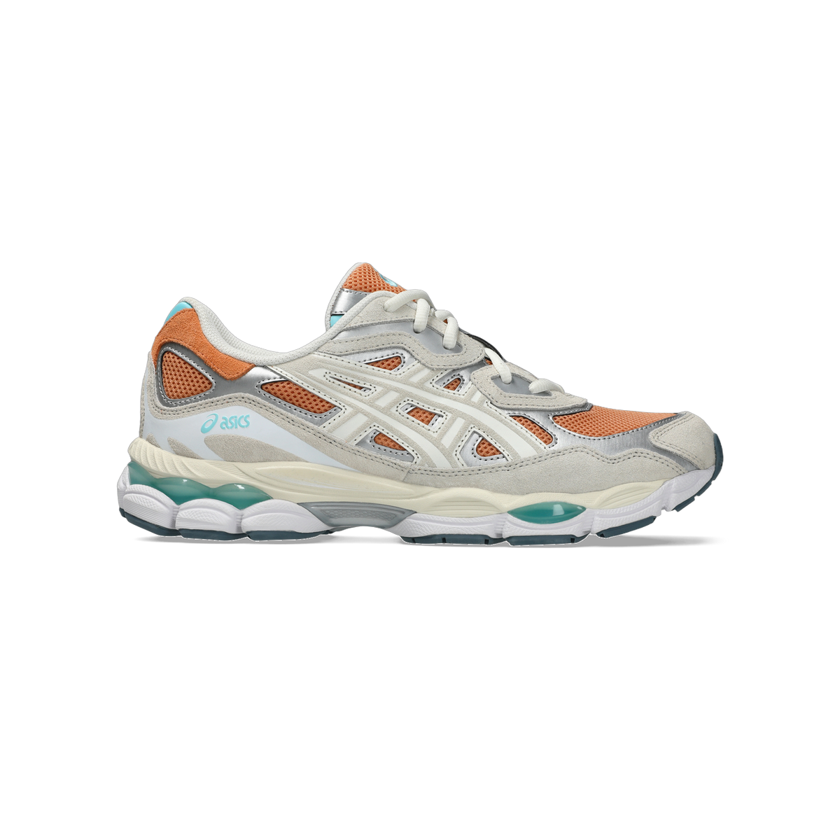 Lateral view of an Asics Gel-NYC sneaker in orange mesh, cream suede overlays, silver accents, and a visible turquoise gel unit in the cream midsole.