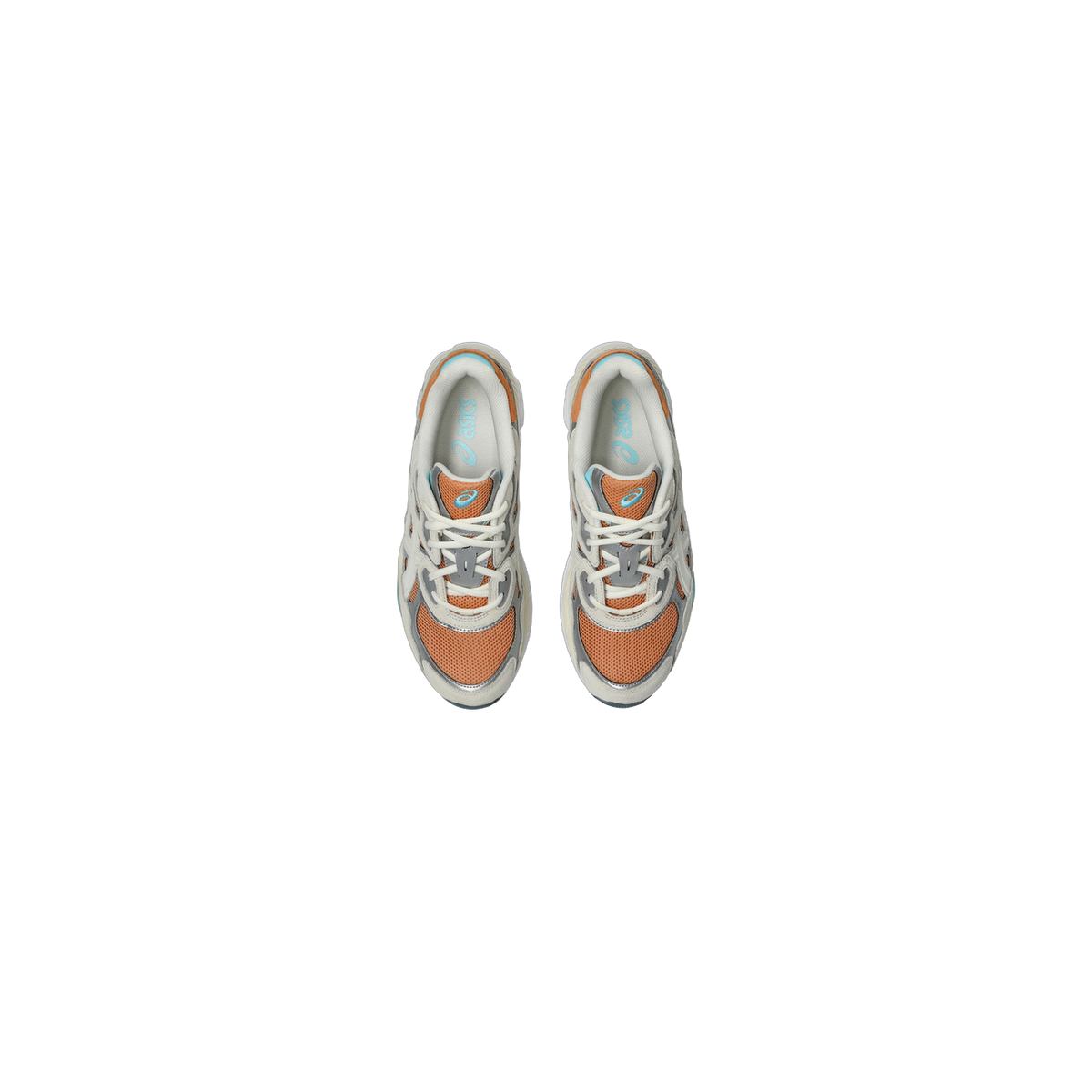 Top-down view of a pair of Asics Gel-NYC sneakers in cream, orange, and silver with light blue ASICS logo on the tongue.