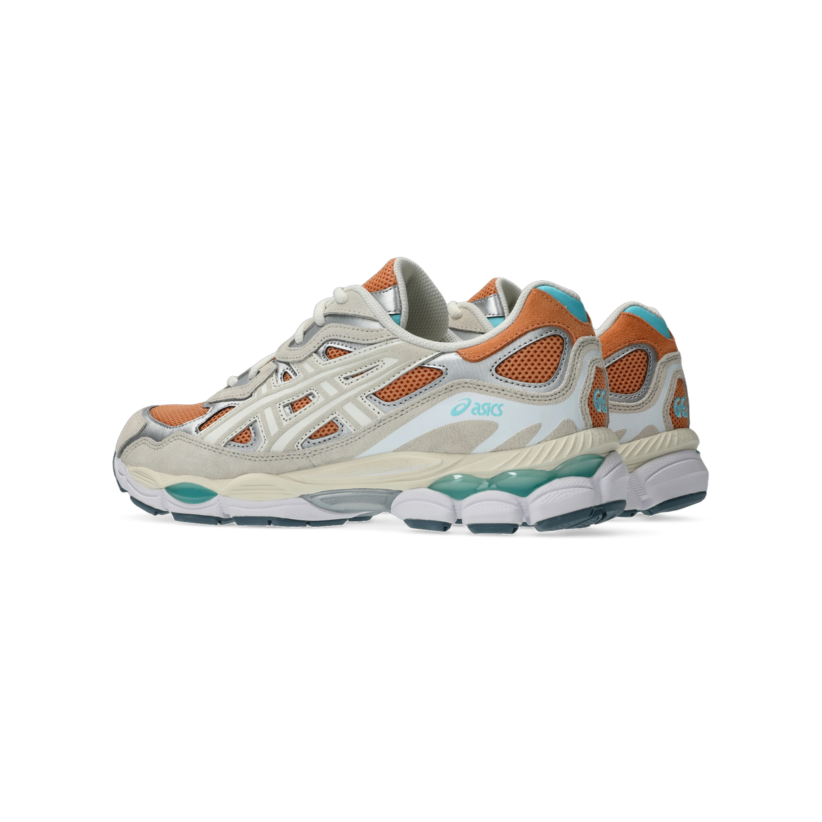 Side view of a pair of Asics Gel-NYC sneakers in cream and orange with silver accents and a teal visible gel unit in the sole