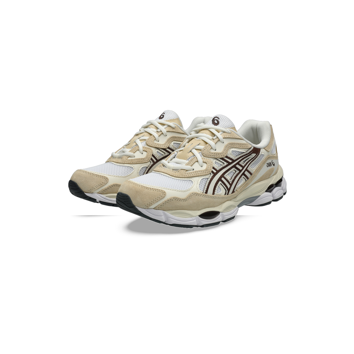 Pair of Asics Gel-NYC sneakers in white and tan with brown side stripes, shown at a three-quarter angle facing forward.