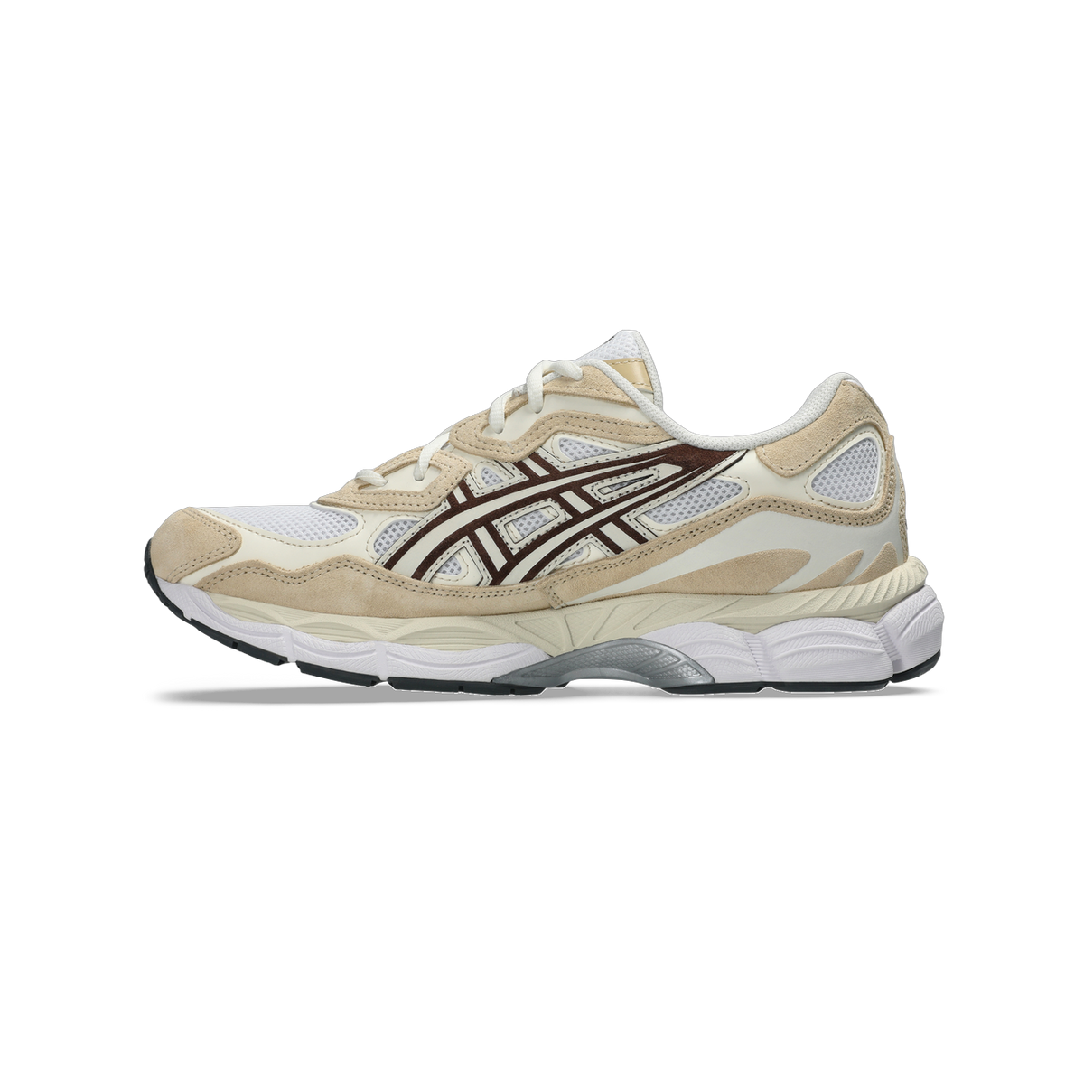 Side view of a white and tan Asics Gel-NYC sneaker with brown mesh overlay stripes and a white midsole