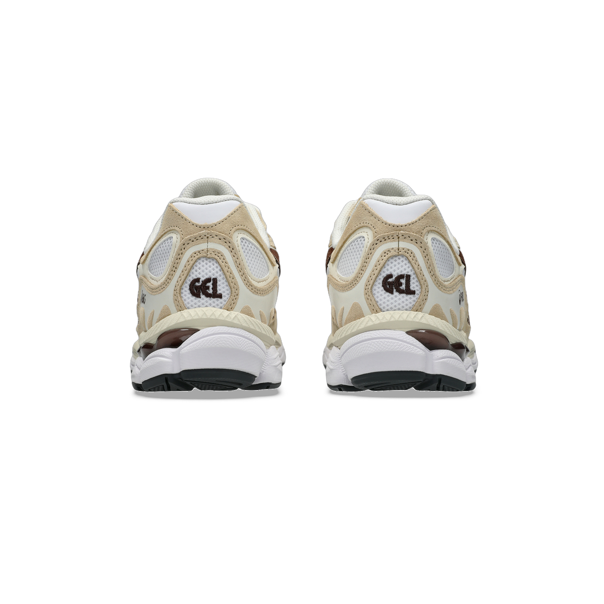 Rear view of a pair of white and tan Asics Gel-NYC sneakers showing the heel cushioning cutouts with GEL logo and brown accents on the sole