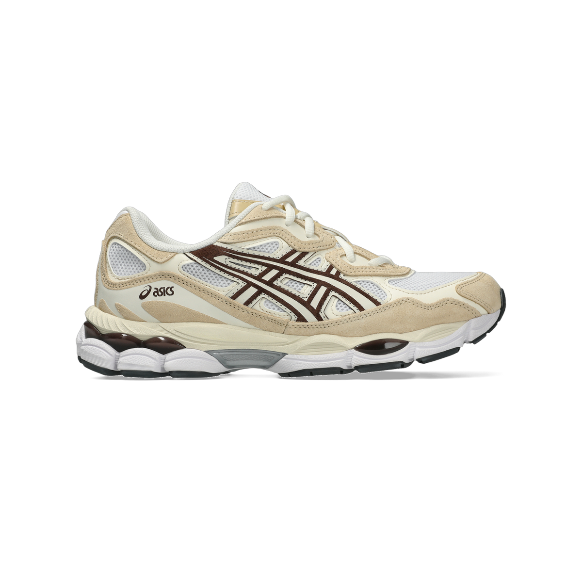 Side view of a white and tan Asics Gel-NYC sneaker with brown suede overlays and a brown gel unit in the heel.