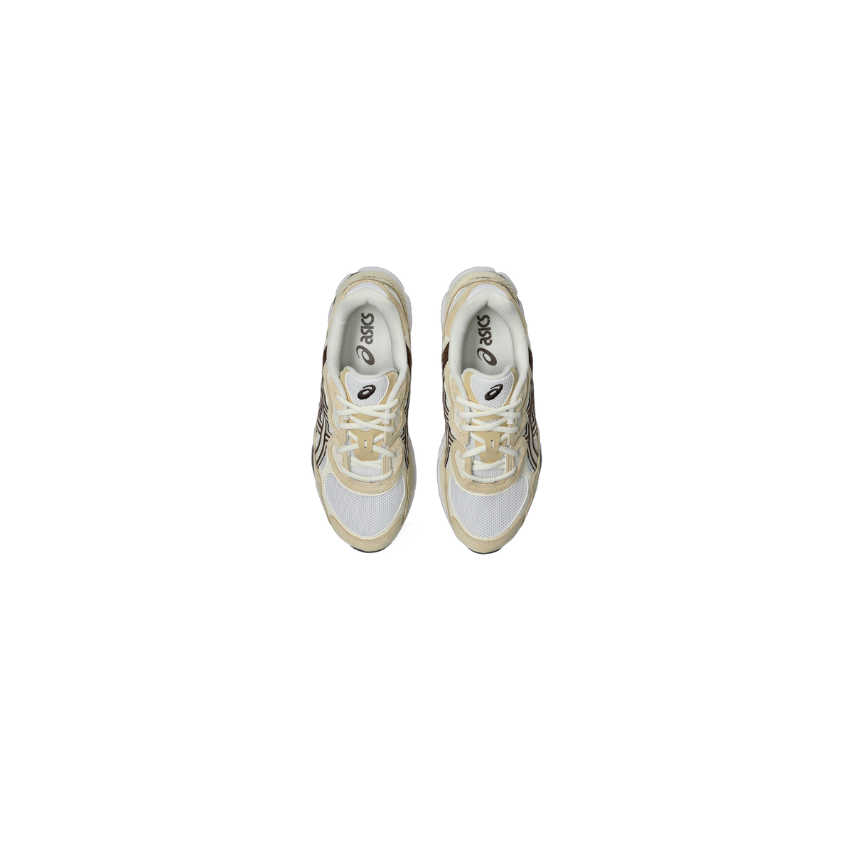 Top-down view of a pair of white and tan Asics Gel-NYC sneakers with brown suede overlays and cream laces