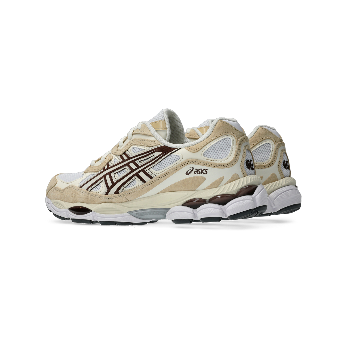 Side view of a pair of white and tan Asics Gel-NYC sneakers with brown suede overlay accents and a visible brown gel unit in the heel.