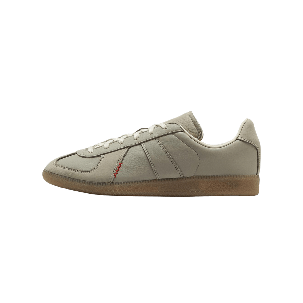 Side view of a grey leather adidas BW Army sneaker with toe pointing left, gum sole, and red zigzag stitching detail.