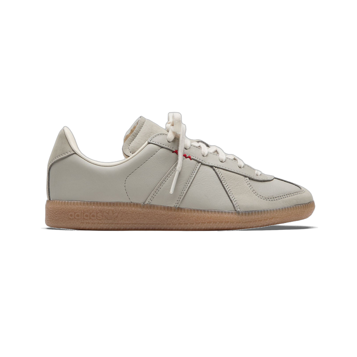 Right-facing side view of a gray leather Adidas BW Army sneaker with a gum rubber outsole and red stitching accents