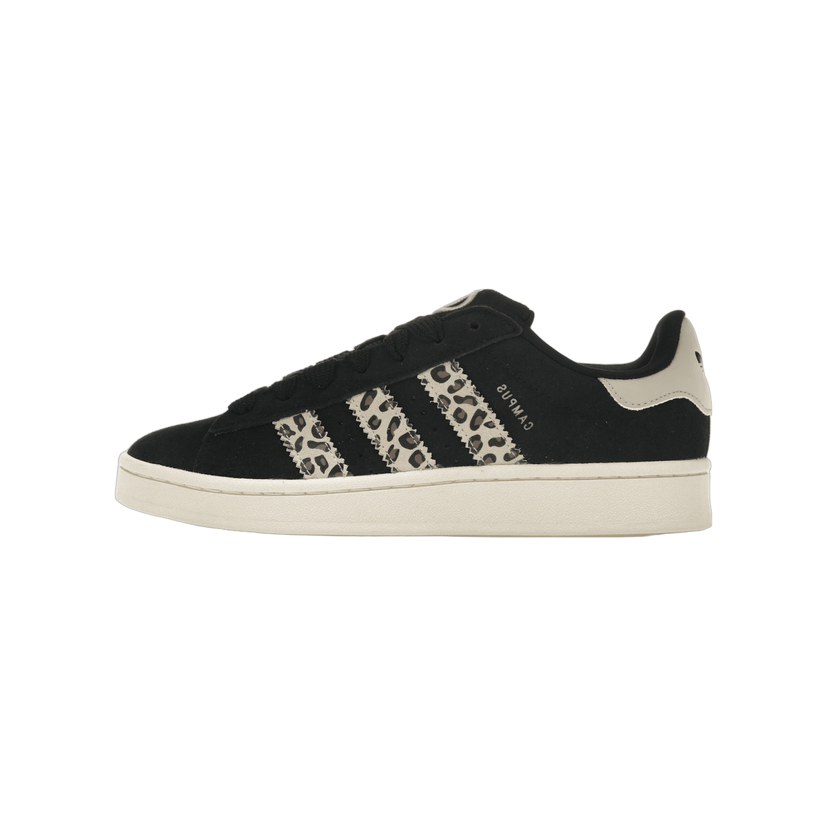 Black suede adidas Campus 00s sneaker with leopard print three stripes, off-white heel tab, and white midsole, shown from the side with toe pointing left.