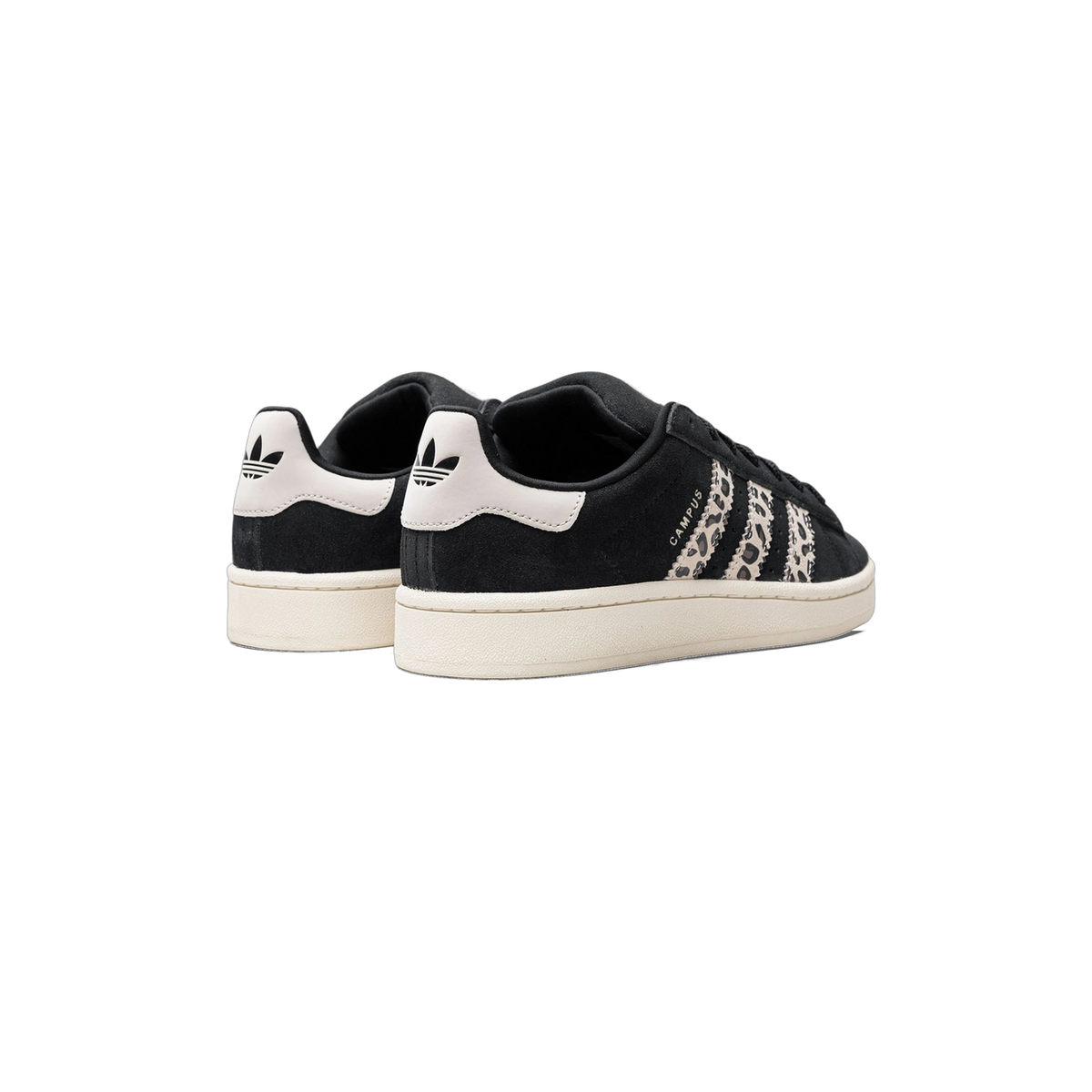 Rear angled view of a pair of black suede Adidas Campus 00s sneakers with leopard print stripes and white heel tabs featuring the trefoil logo