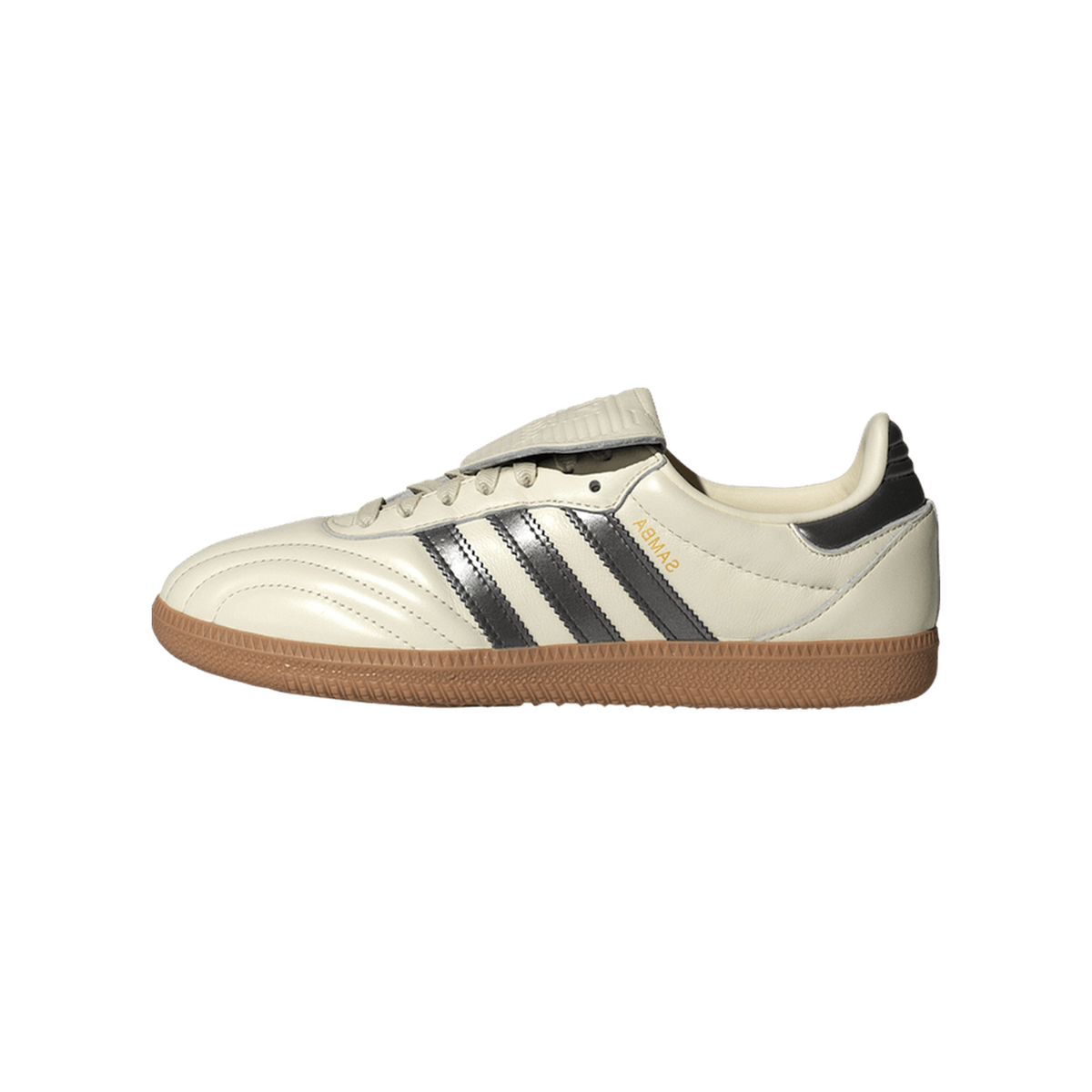 Side view of a cream white Adidas Samba sneaker with black three stripes, black heel tab, gum outsole, and toe pointing left