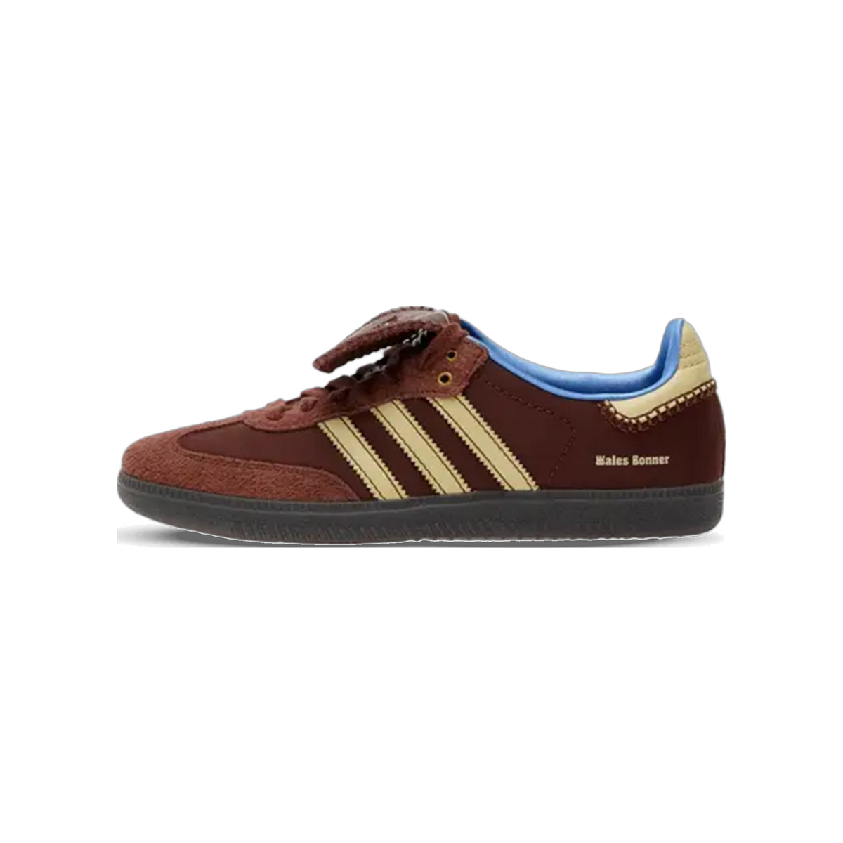 Left view of a brown Adidas Samba sneaker with tan three stripes, suede toe and heel panels, blue interior lining, and Wales Bonner text near the heel