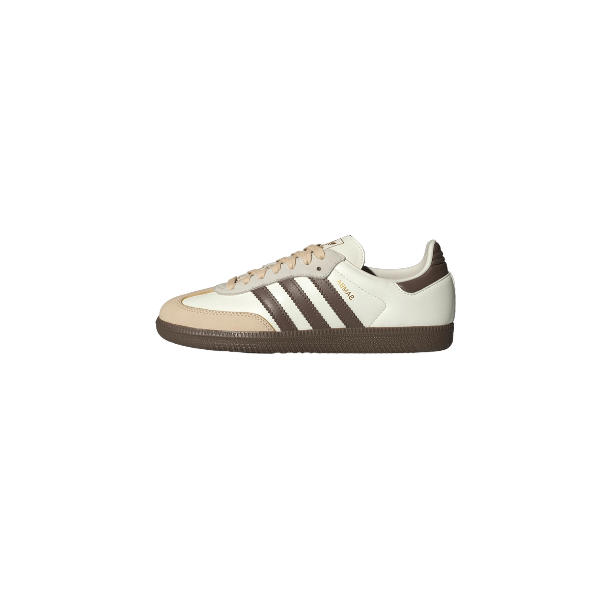 Side view of a white Adidas Samba OG sneaker with brown three stripes, tan suede toe overlay, brown heel tab, and gum outsole