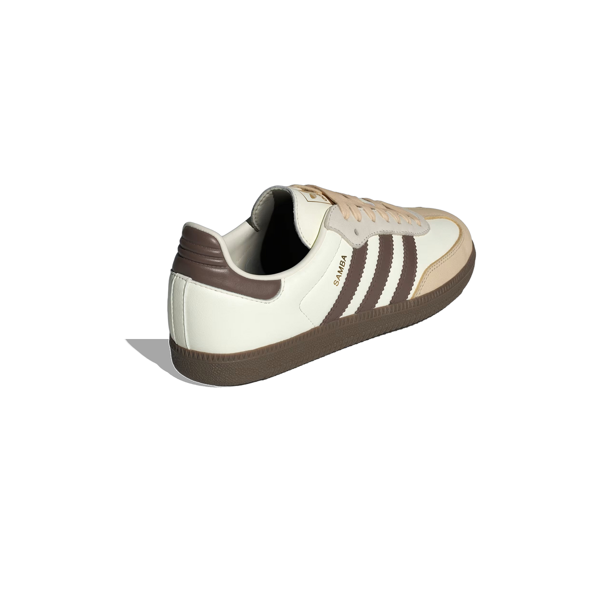 Rear angled view of a white Adidas Samba OG sneaker with brown three stripes, brown heel tab, and gum rubber sole