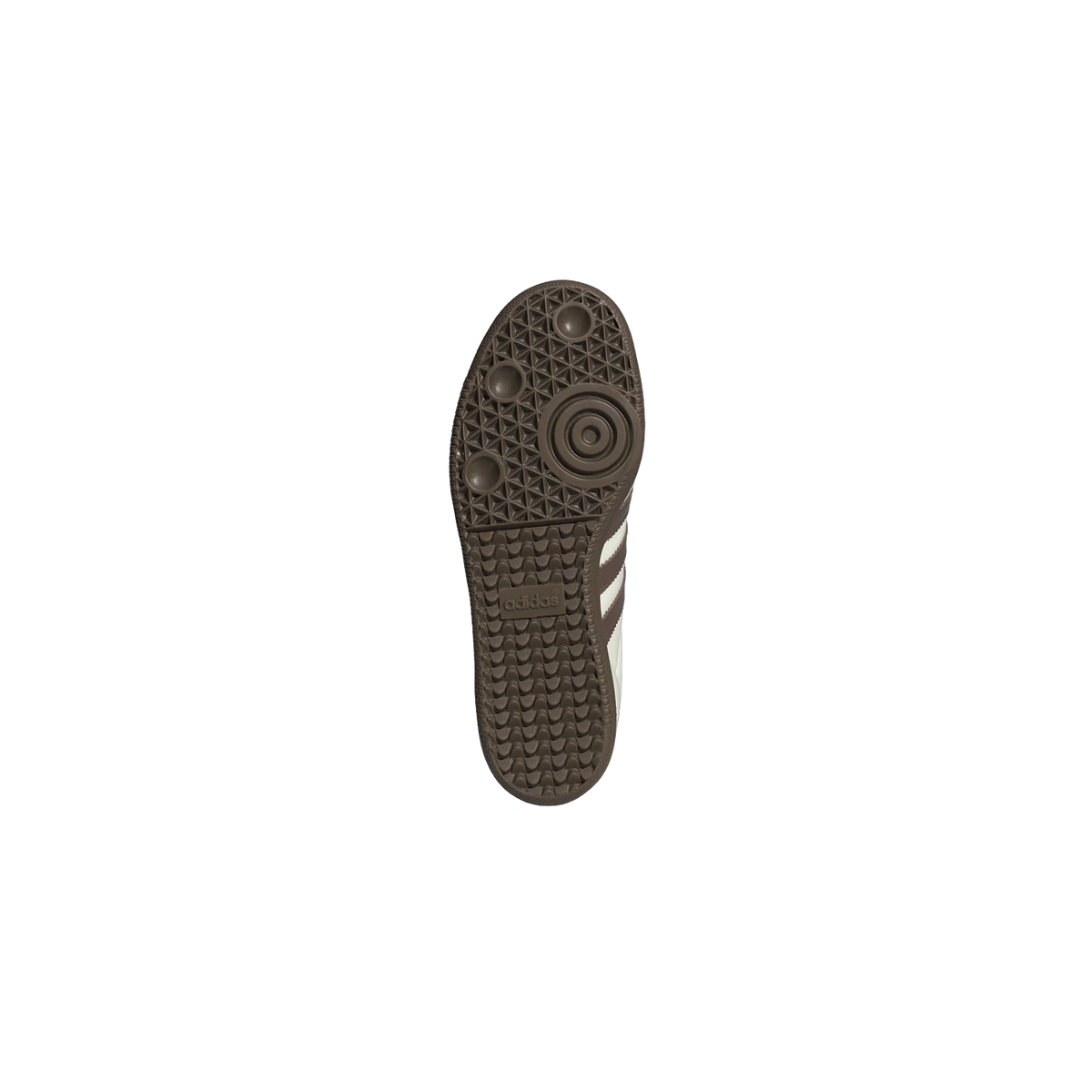 Bottom view of an Adidas Samba OG sneaker showing the brown gum rubber outsole with textured tread pattern and adidas logo on the heel.