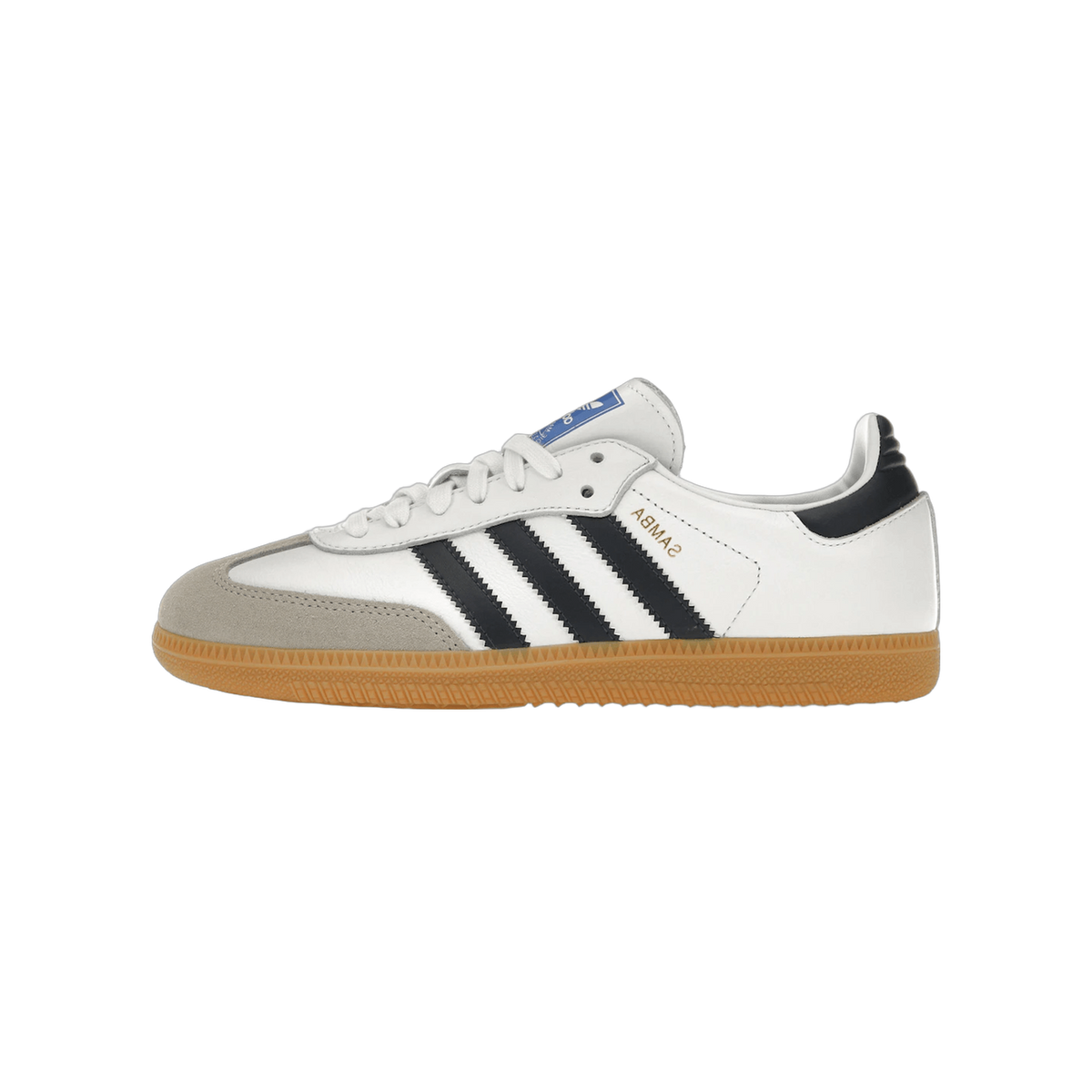 Side view of a white Adidas Samba sneaker with navy leather stripes, navy heel tab, grey suede toe overlay, and a gum rubber sole, toe pointing left.