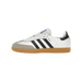 Side view of a white Adidas Samba sneaker with navy leather stripes, navy heel tab, grey suede toe overlay, and a gum rubber sole, toe pointing left.