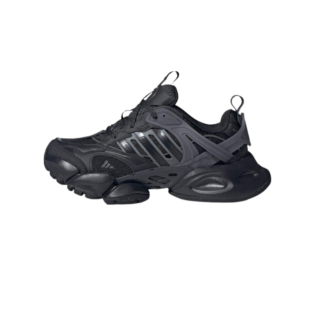 Left Adidas XLG Runner Deluxe sneaker in black and grey, shown from the side with toe pointing left, displaying chunky lugged sole and three-stripe branding.