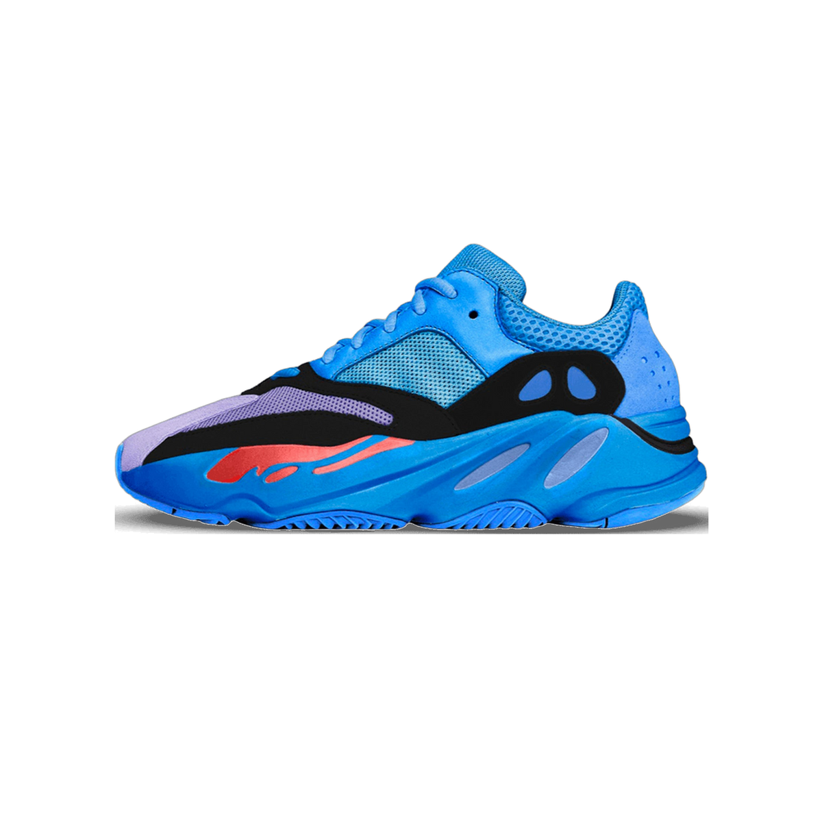 Side view of a blue Adidas Yeezy Boost 700 sneaker with purple, black, and red accents and a chunky blue outsole, toe pointing left.