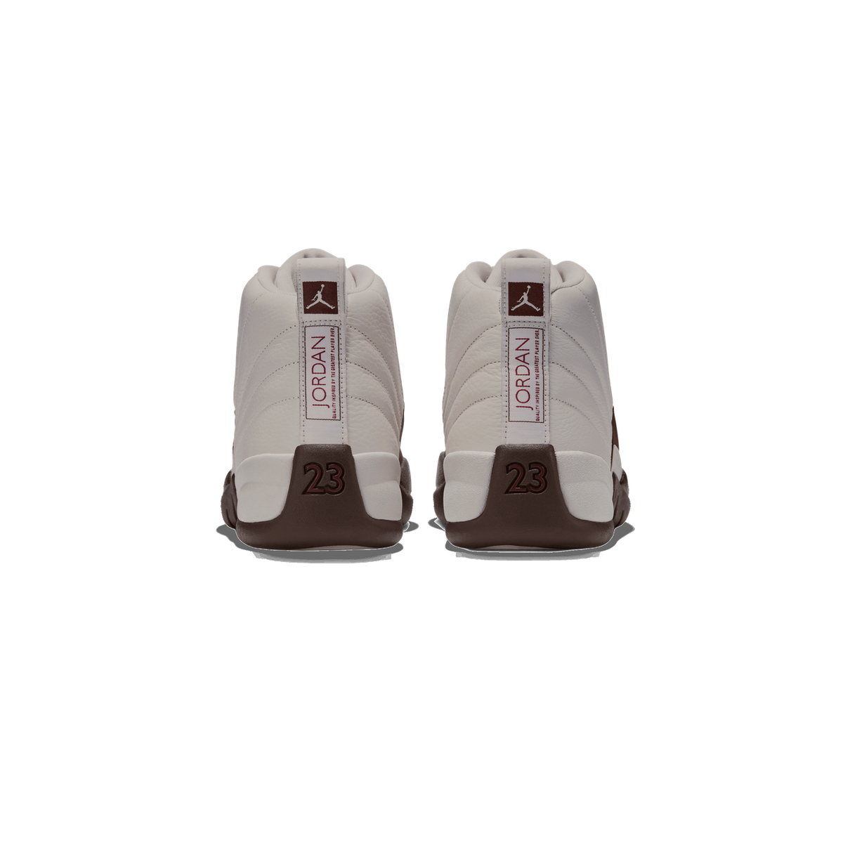 Rear view of a pair of white Air Jordan 12 sneakers with brown heel tabs featuring Jumpman logos and 23 branding