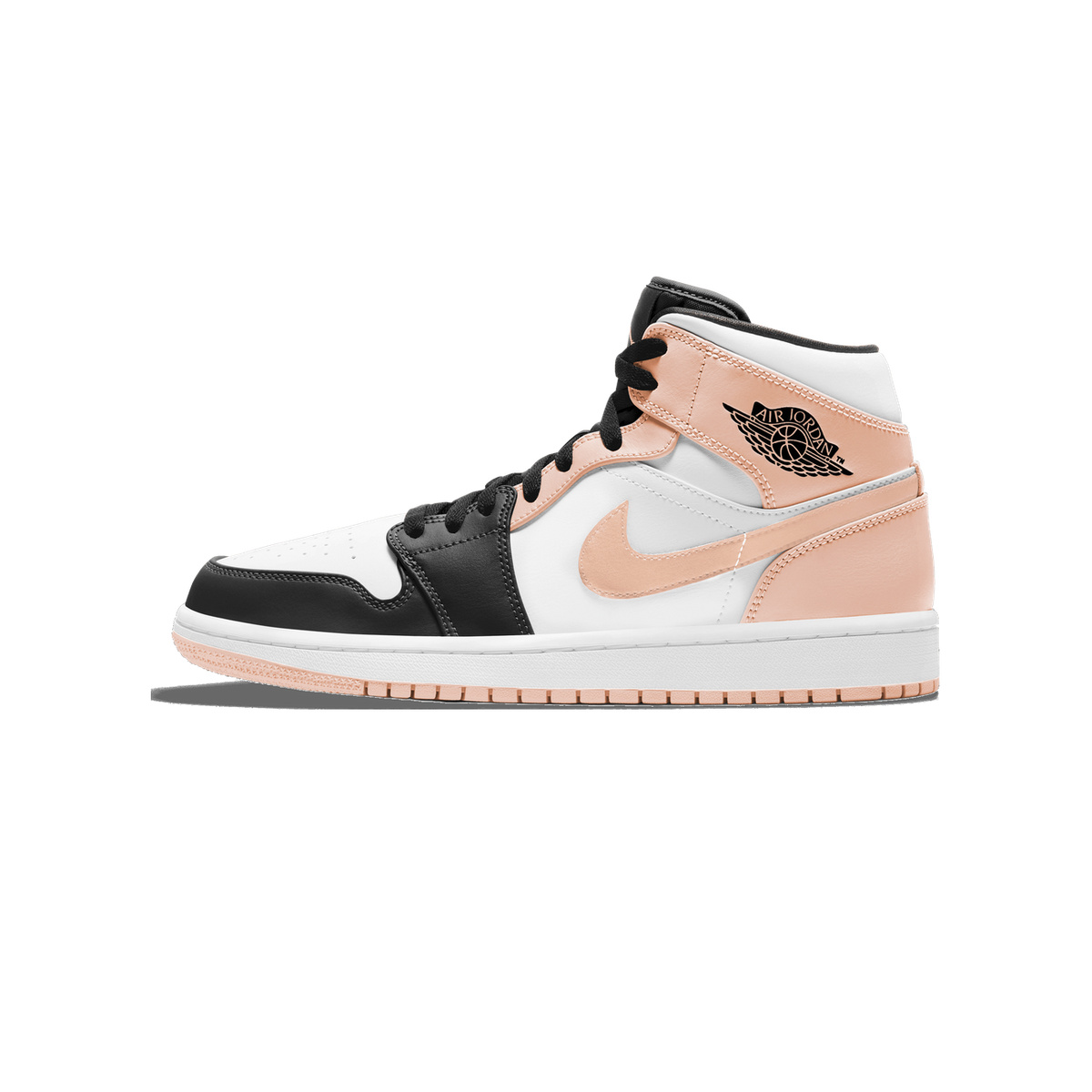 Side profile of a single high-top sneaker with toe pointing left, showing a black toe box, white and peach-orange panels, a peach Swoosh, and the black Air Jordan Wings logo on the ankle collar.