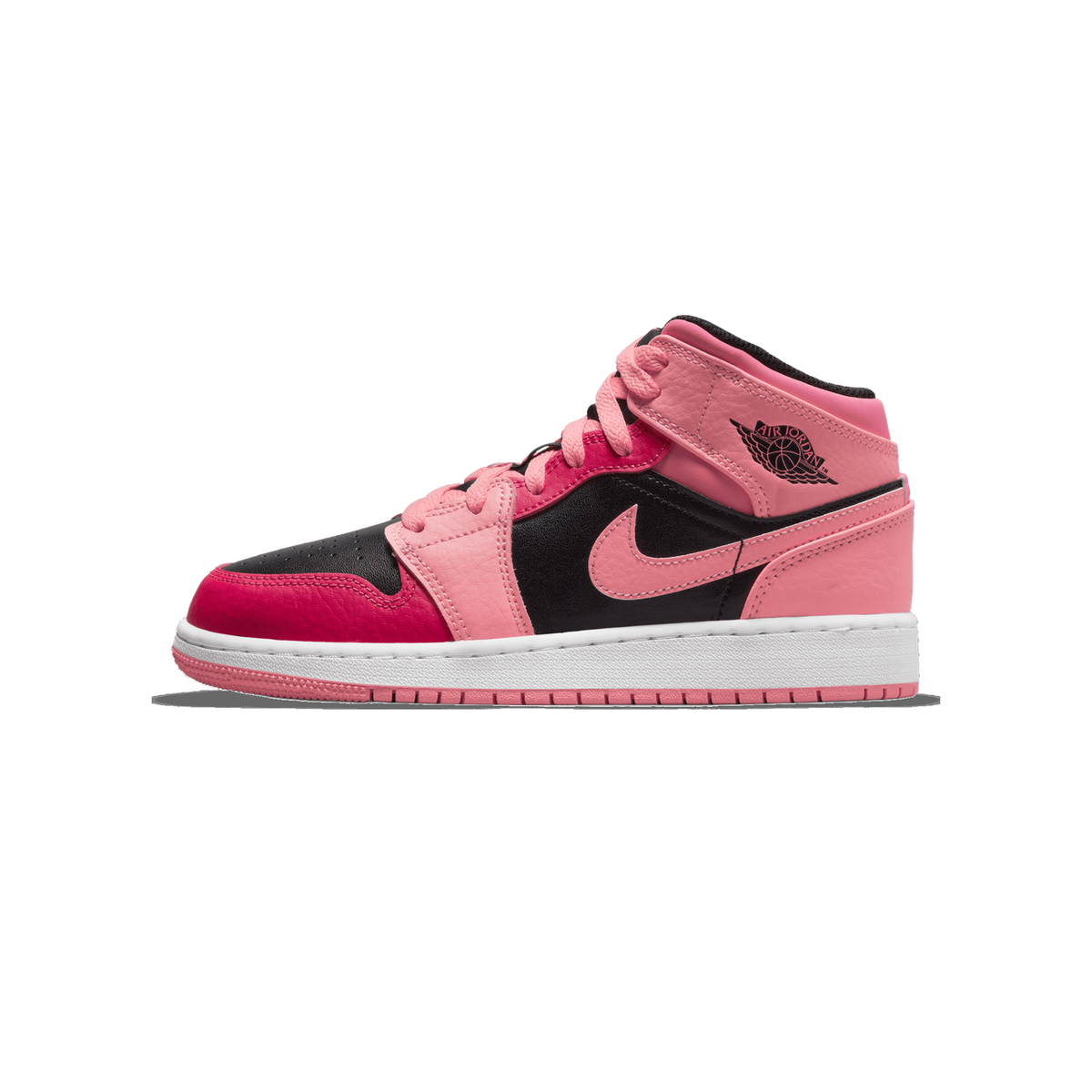 Left Air Jordan 1 Mid sneaker in pink, black and deep pink colorway shown from the side with toe pointing left, displaying the Nike Swoosh and Air Jordan wings logo on the ankle
