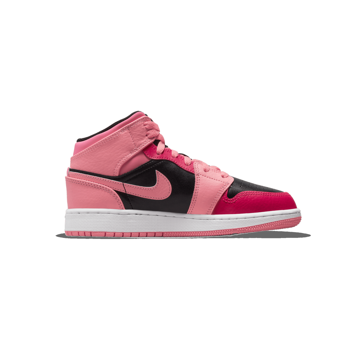 Lateral view of a pink and black Jordan 1 Mid high-top sneaker with a pink Swoosh logo and white midsole, toe pointing left.