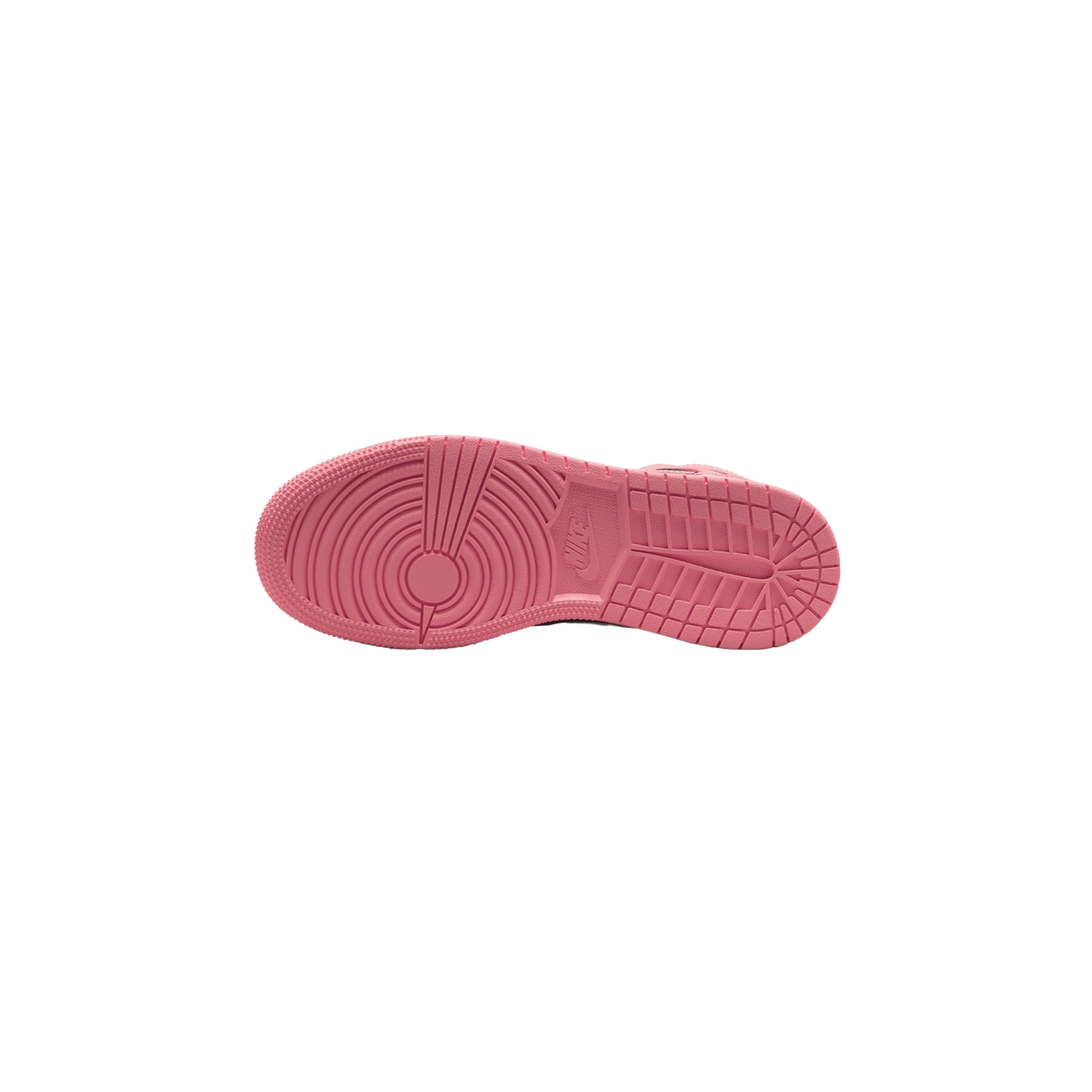 Bottom view of a single sneaker showing a coral pink rubber outsole with circular heel tread and Nike logo on the arch