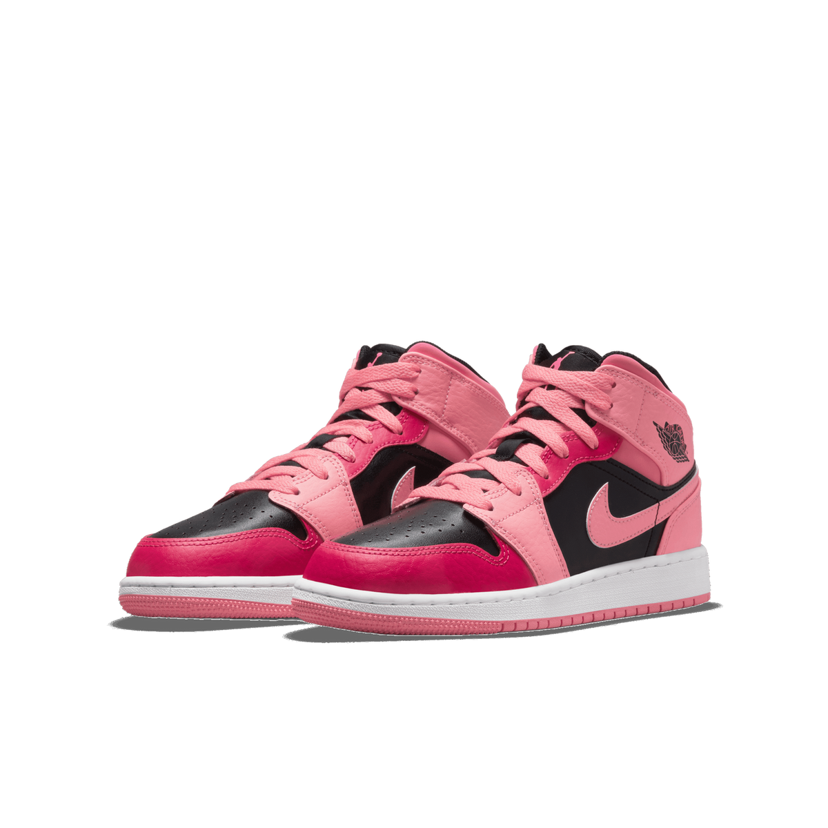 Pair of pink and black high-top sneakers with white midsoles and pink outsoles, shown at a three-quarter angle facing left.