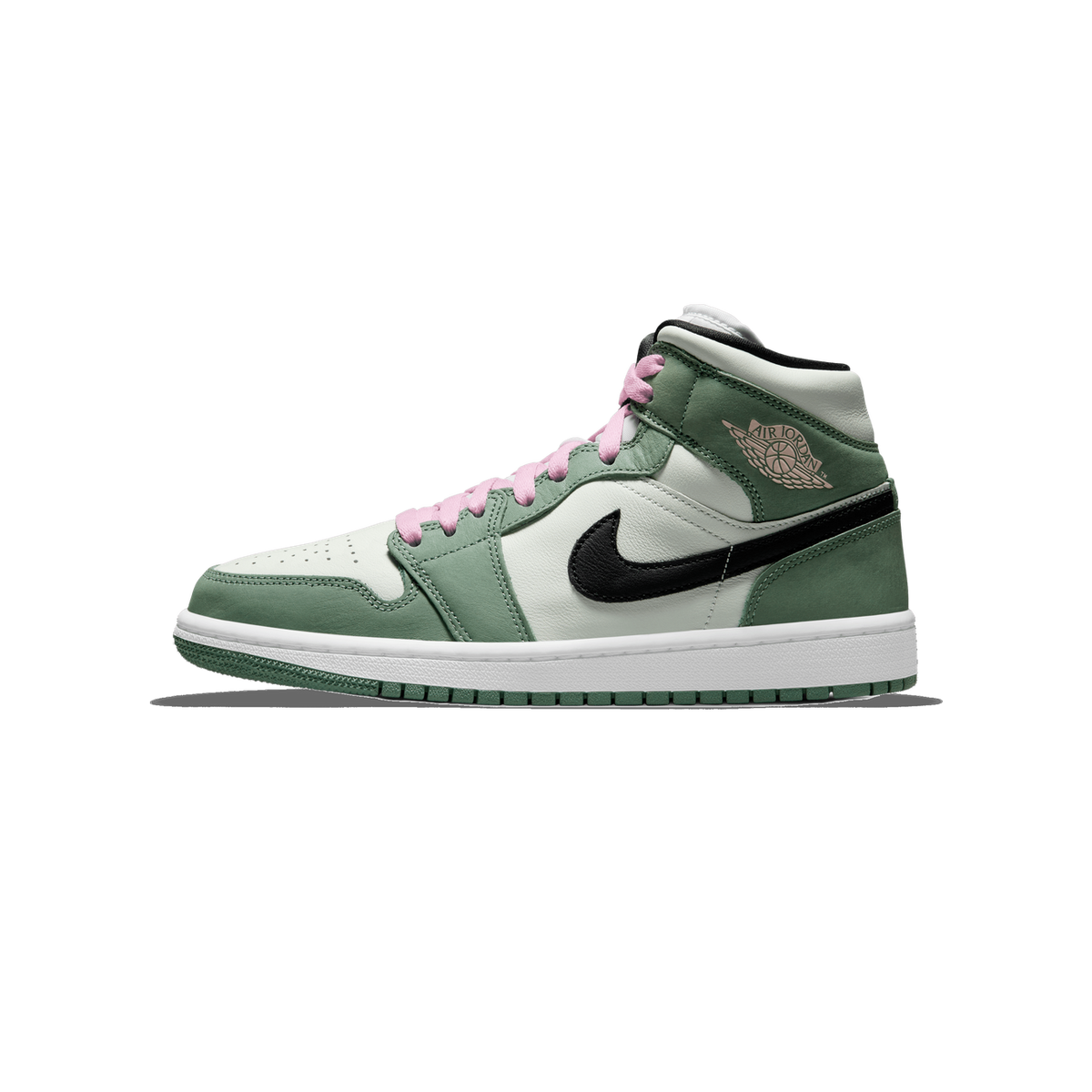Lateral view of a Jordan 1 Mid sneaker in white and dutch green leather with black Nike swoosh, pink laces, and a white and green outsole.