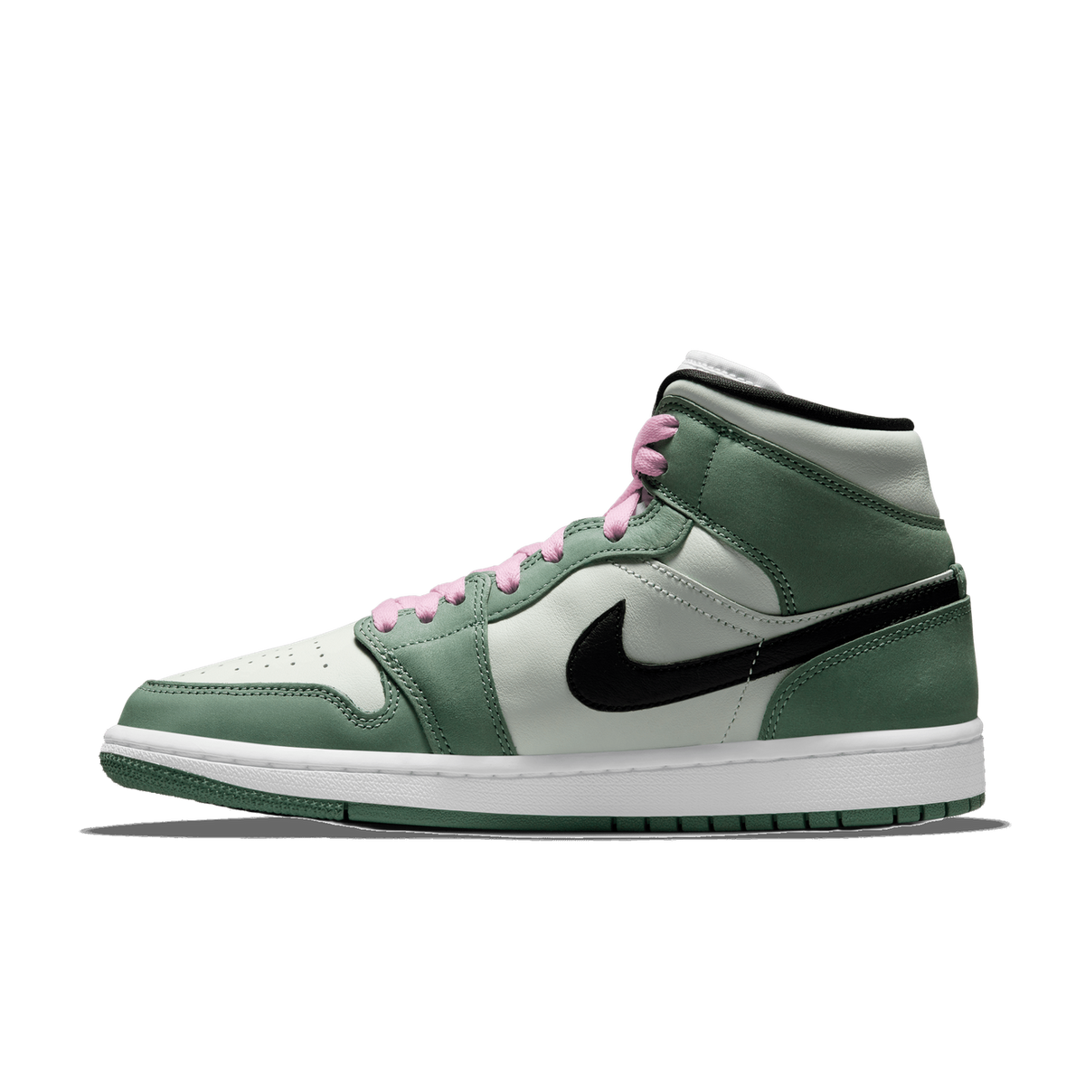 Side view of a Jordan 1 Mid sneaker in white and dutch green leather with a black Nike swoosh, pink laces, and a white midsole with a green outsole.