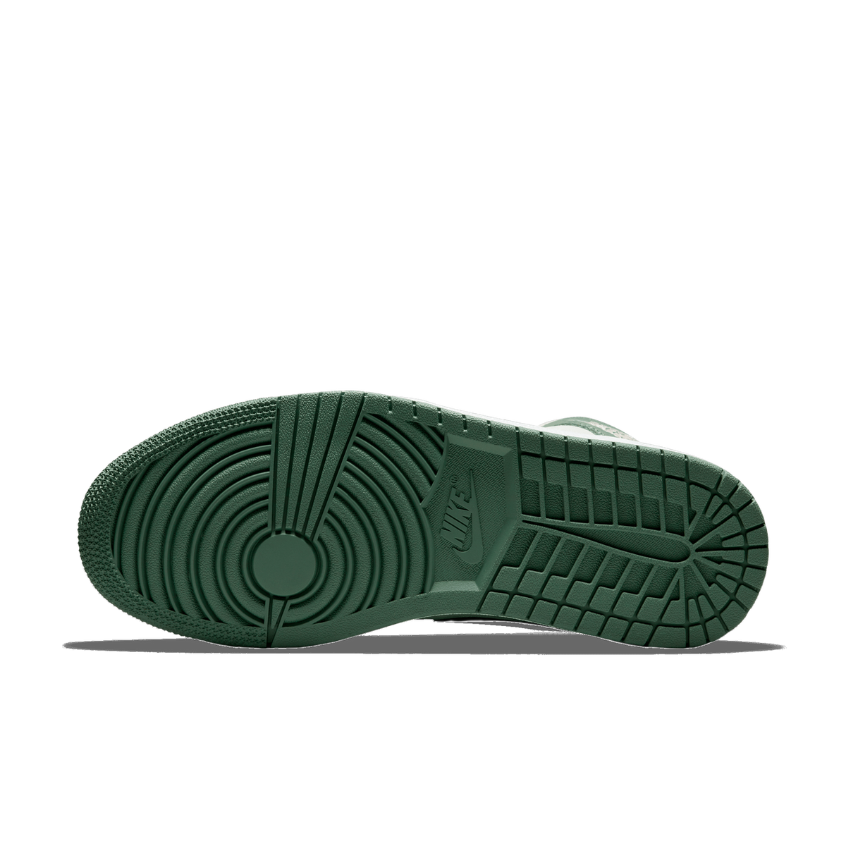 Bottom view of a Jordan 1 Mid sneaker showing the dark green rubber outsole with circular traction pattern and Nike logo.