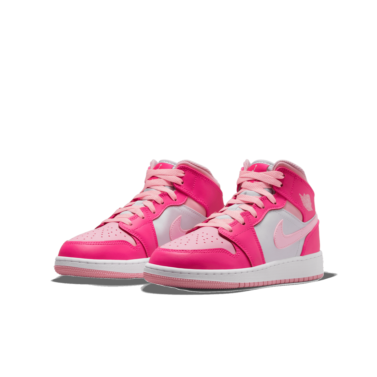 A pair of pink, white and light pink high-top sneakers shown side by side at a three-quarter angle, with the toes pointing toward the viewer's left, pink laces, and a white midsole with pink outsole edges.