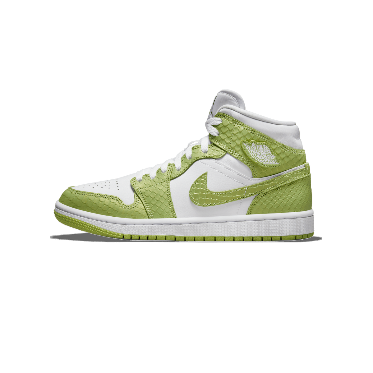 Side profile of a green and white Air Jordan 1 Mid sneaker with a green snakeskin-textured overlay, white leather panels, white laces, and the Air Jordan wings logo on the ankle, toe pointing left.