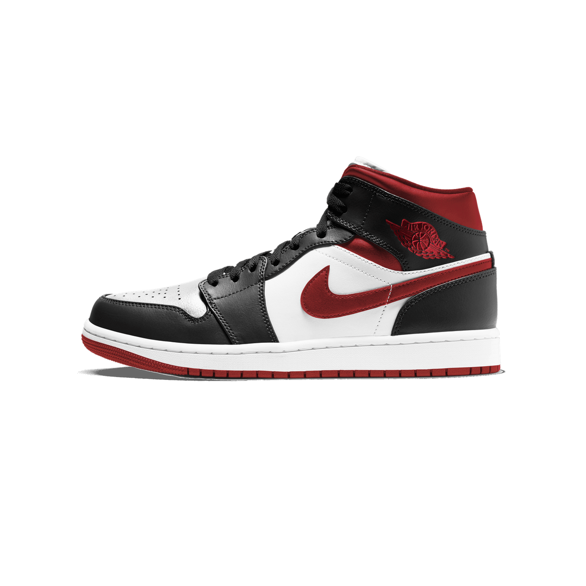Lateral view of a black, white, and red Air Jordan 1 Mid sneaker with a red Nike swoosh and Wings logo on the ankle, toe pointing left.