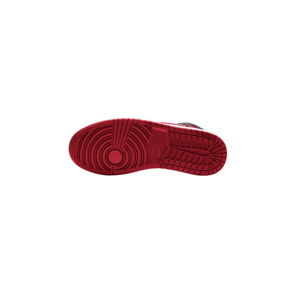 Bottom view of a Jordan 1 Mid sneaker showing the red rubber outsole with circular heel tread pattern and Nike Air branding