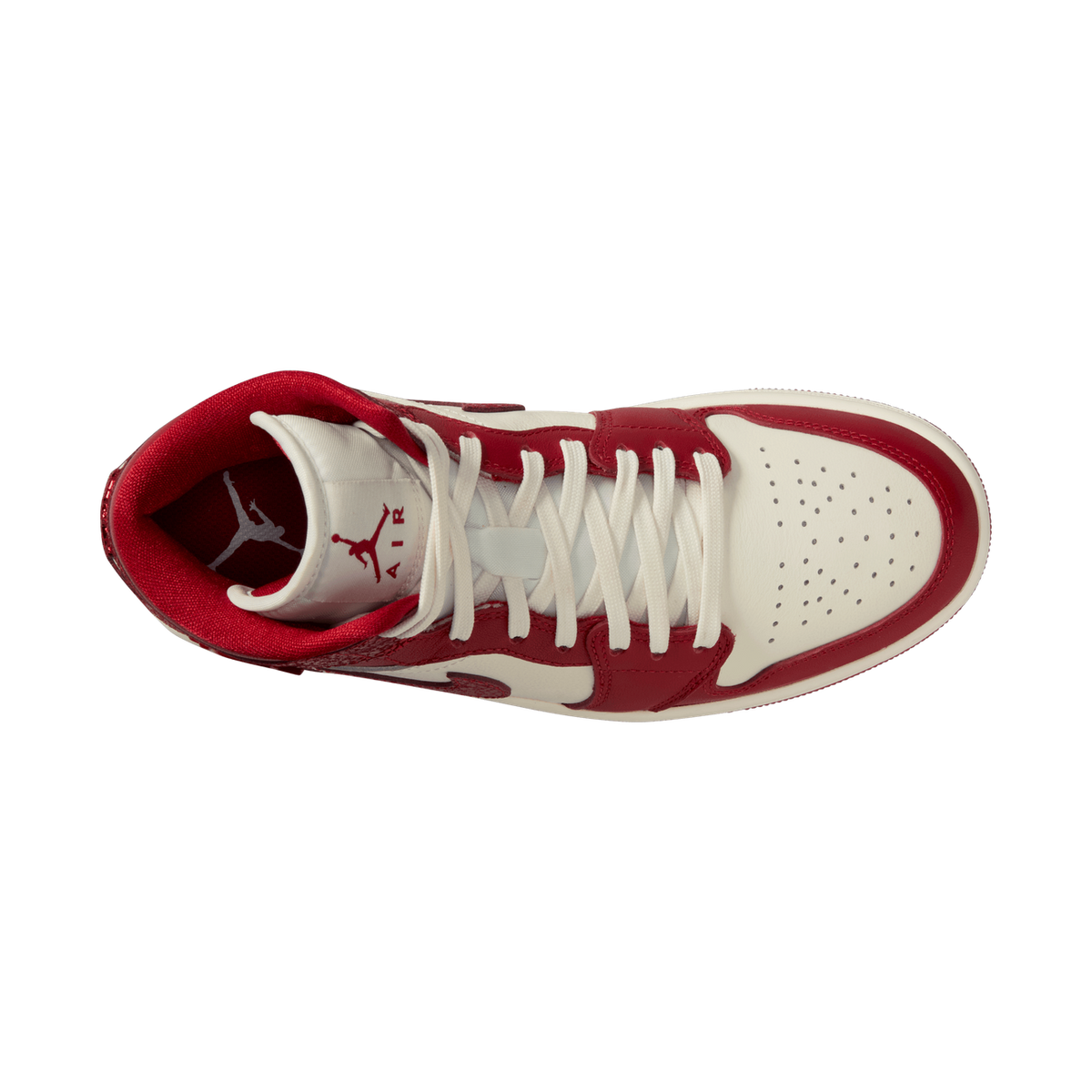 Top-down view of a red and white Jordan 1 Mid sneaker showing the laces, perforated toe box, and red Jumpman branding on the tongue