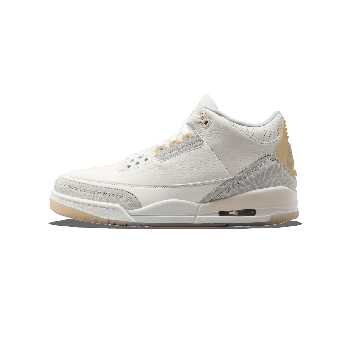 Left Air Jordan 3 Retro Craft Ivory shown from the outside, with toe pointing left, featuring white leather upper, grey elephant-print overlays, and tan heel tab