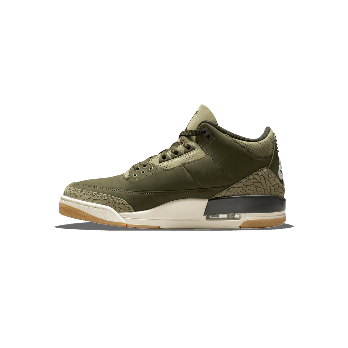 Lateral view of an olive green Air Jordan 3 Retro sneaker with grey elephant-print overlays, a white midsole, and a gum rubber outsole, toe pointing left.