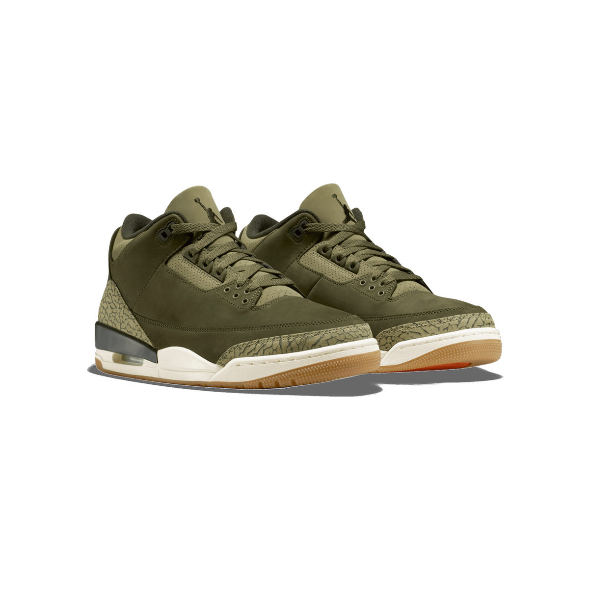 Pair of olive green Air Jordan 3 Retro sneakers with elephant print toe caps, gum rubber outsoles, and cream midsoles, angled toward the front-left.