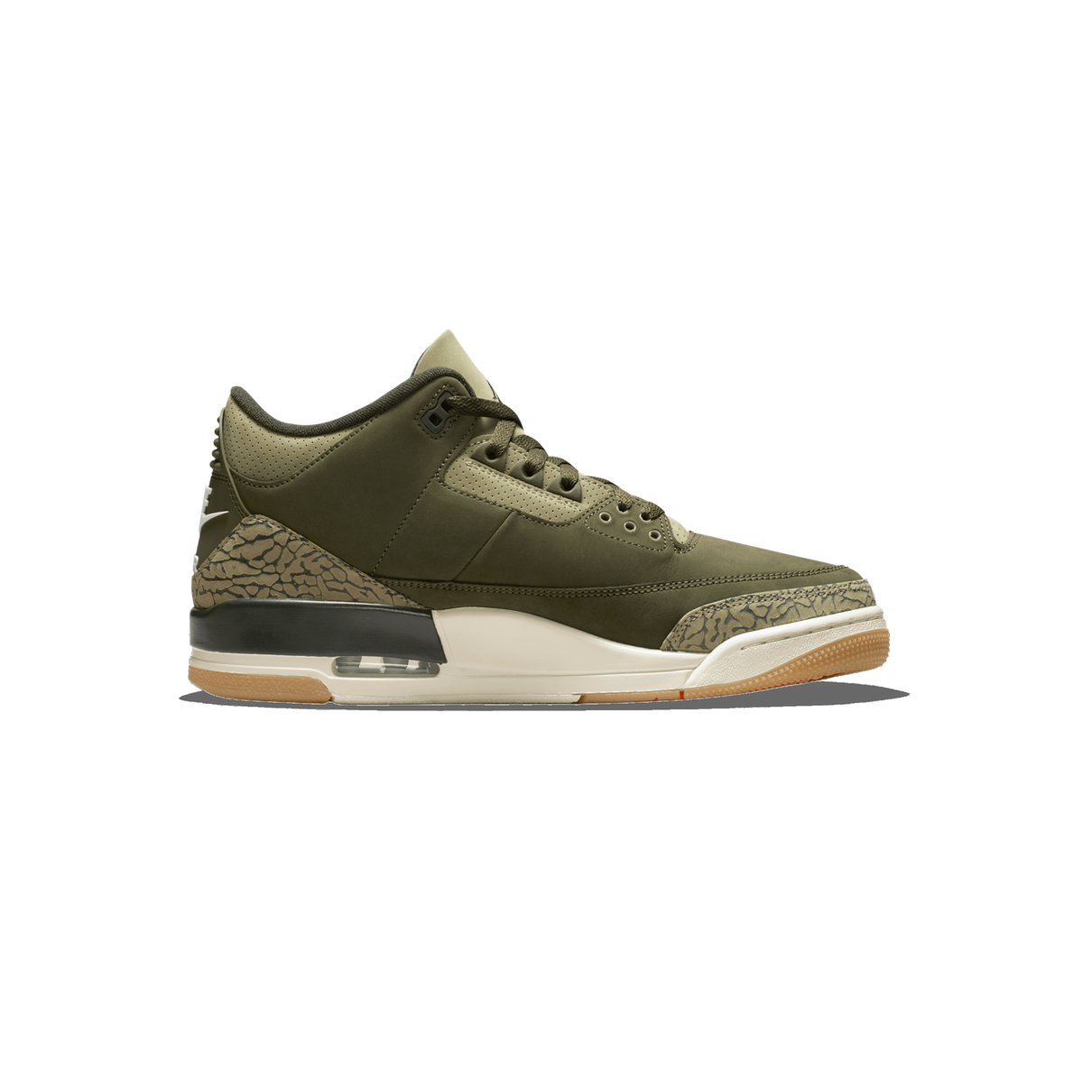 Right side view of an olive green Air Jordan 3 Retro sneaker with elephant print detailing on the heel and a white and gum rubber sole, toe pointing right