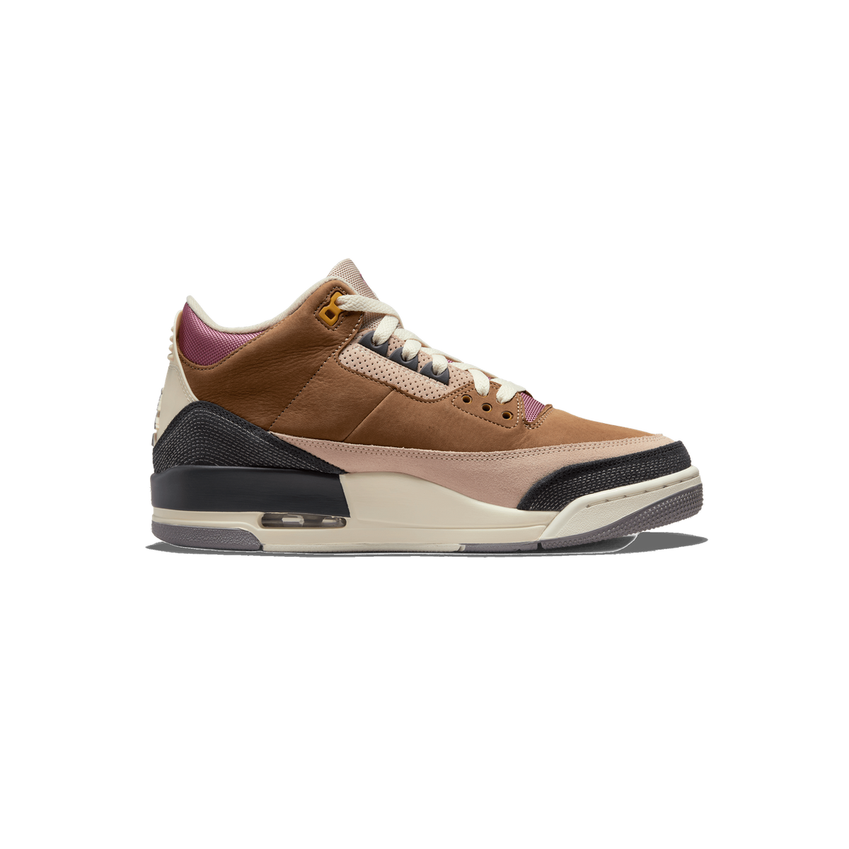 Side profile of a brown and beige high-top sneaker with black accents and a cream midsole, with the toe pointing left, showing its lateral side with a visible Air unit in the heel and a magenta lining peeking from the collar.