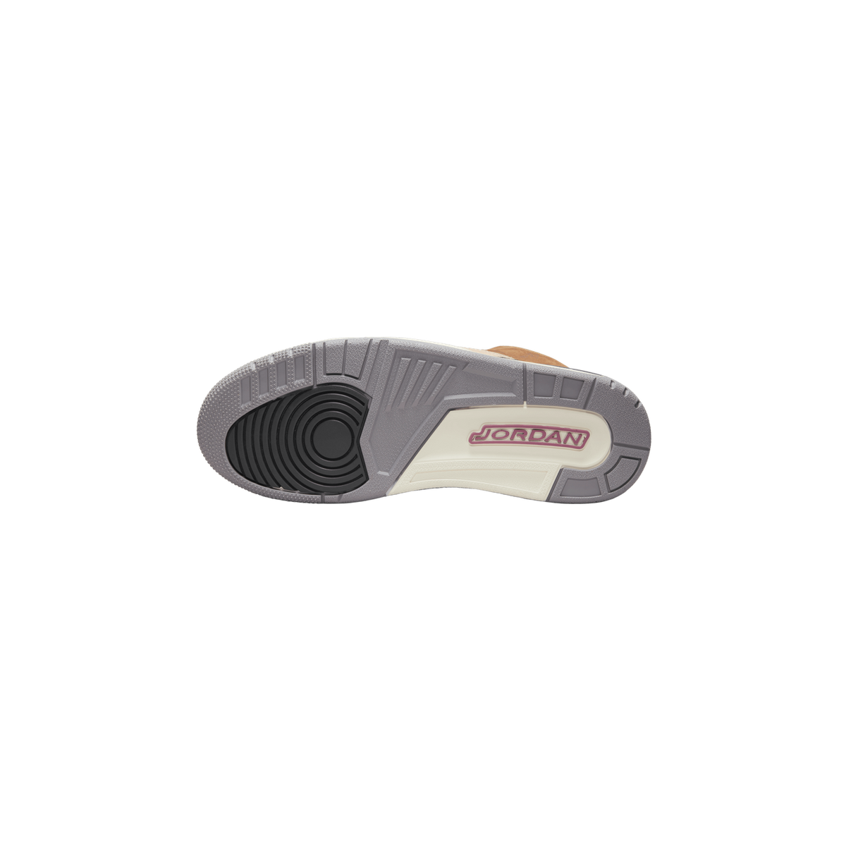 Underside of a single brown and beige high-top sneaker showing the grey rubber outsole with black heel pad, pattern-treaded tread, and a cream midsole panel with a pink-outlined JORDAN logo.