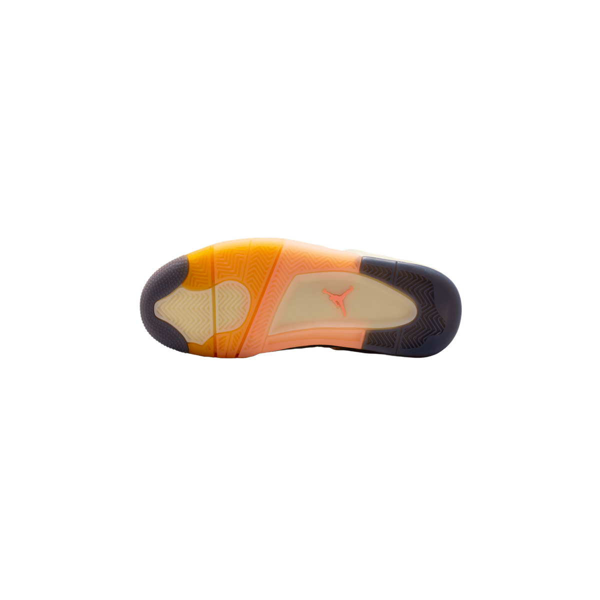 Bottom view of an Air Jordan 4 outsole in orange and cream with a dark purple heel and coral Jumpman logo on the pad