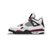 Side profile of a white Air Jordan 4 sneaker with burgundy accents, black mesh panels, and a black 'PANAME' tag on the forefoot, shown with the toe pointing left.