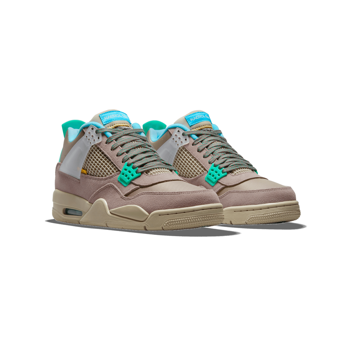 A pair of taupe and beige Air Jordan 4 sneakers with teal and turquoise accents, shown side by side angled toward the left, with the toes pointing toward the viewer's left.