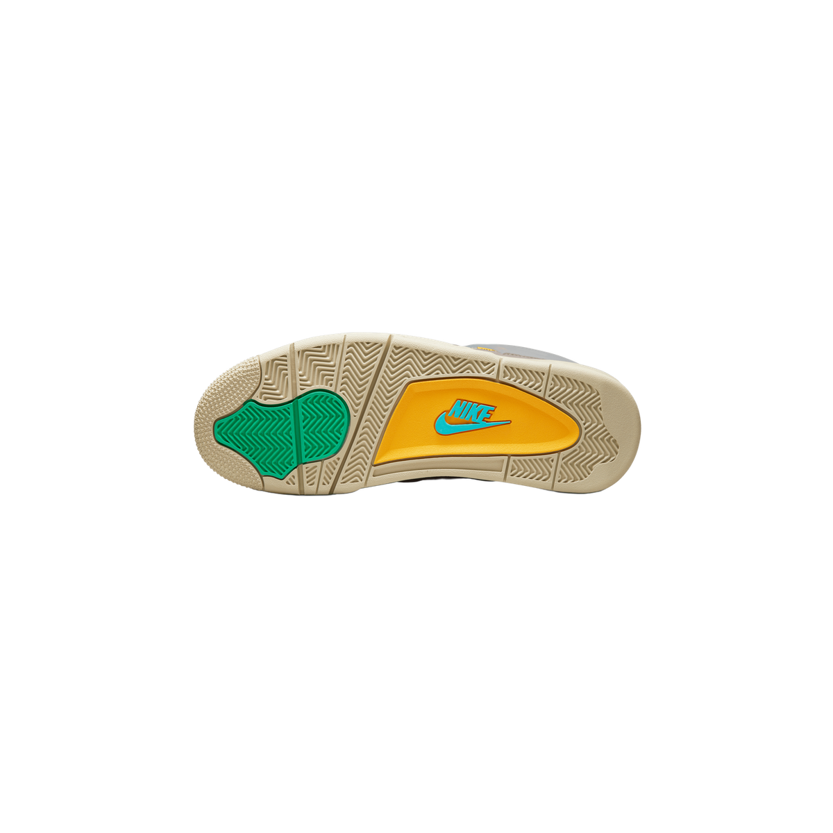 Underside of a sneaker showing the full outsole with cream rubber tread, a green heel insert, a yellow midfoot panel with a teal Nike Swoosh logo, and a grey upper visible at the edge.